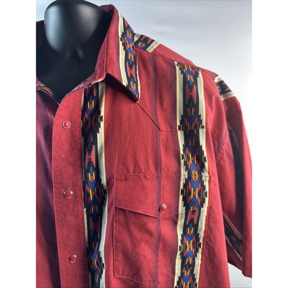 Vtg Wrangler Western Shirt Mens 2XL Short Sleeve Brushpopper Aztec Pearl Snap - Picture 2 of 7